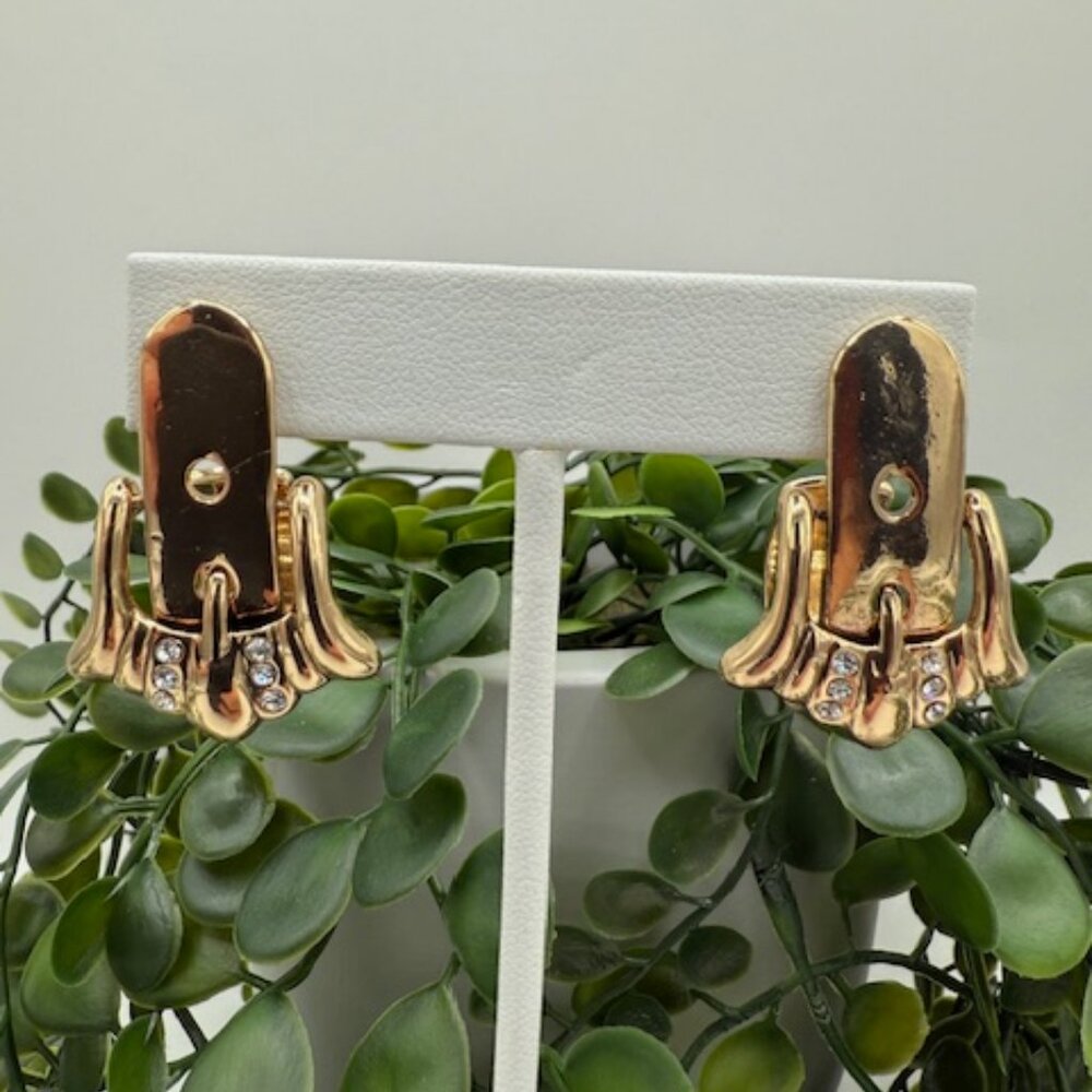 Anthropologie Gold Tone Buckle Earrings with Rhinestone Accents - Picture 3 of 4
